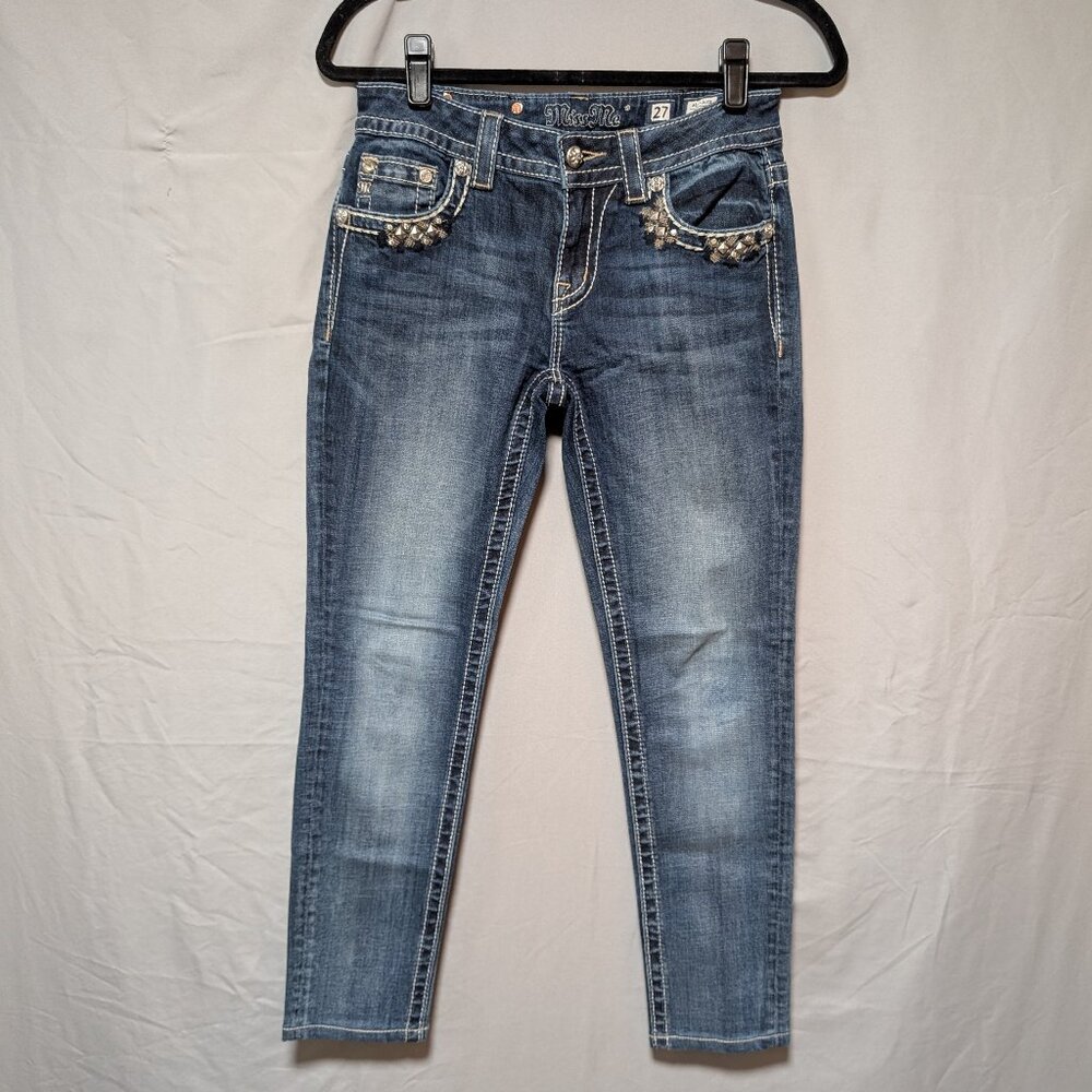 Miss Me Women's Medium Wash Mid-Rise Skinny Jeans‎ Bling Embellished Size 27